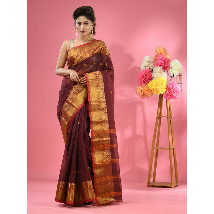 CHARUKRITI Maroon Pure Cotton Tant Zari Border Saree without Blouse