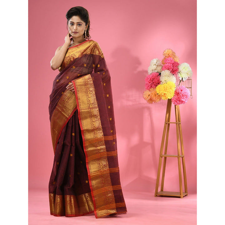 CHARUKRITI Maroon Pure Cotton Tant Zari Border Saree without Blouse