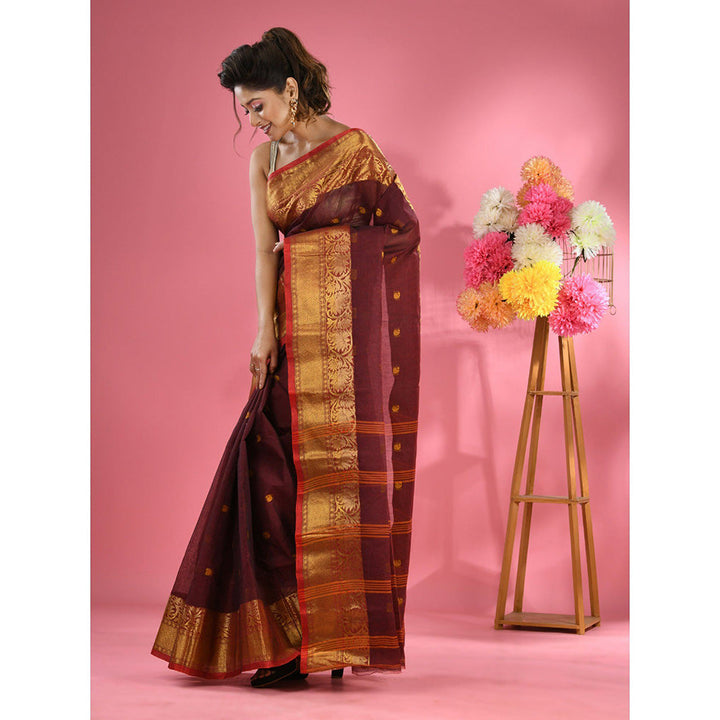 CHARUKRITI Maroon Pure Cotton Tant Zari Border Saree without Blouse