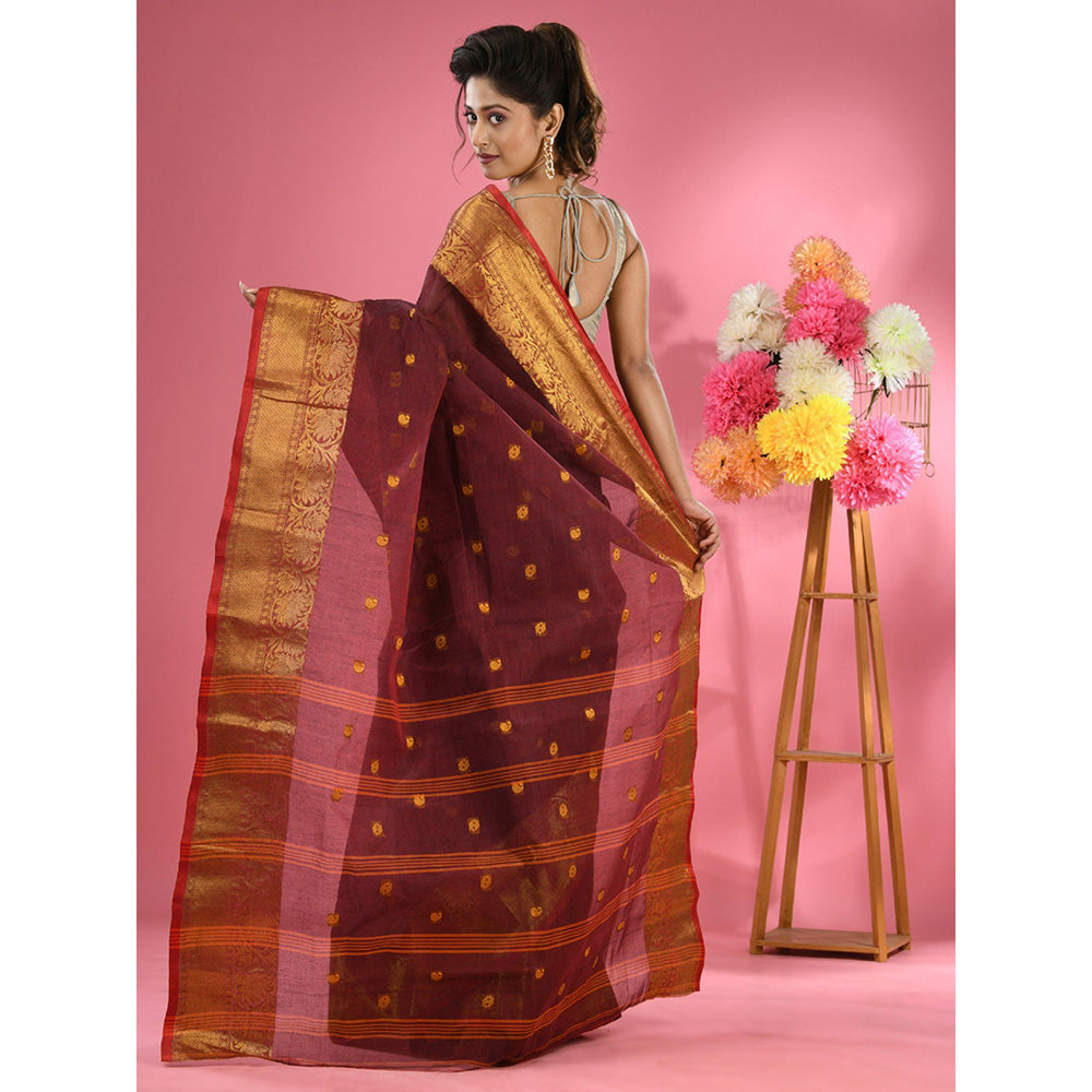 CHARUKRITI Maroon Pure Cotton Tant Zari Border Saree without Blouse