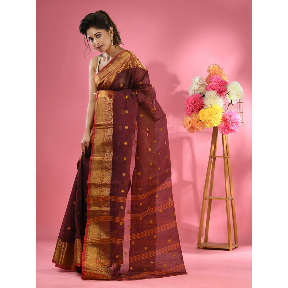 CHARUKRITI Maroon Pure Cotton Tant Zari Border Saree without Blouse