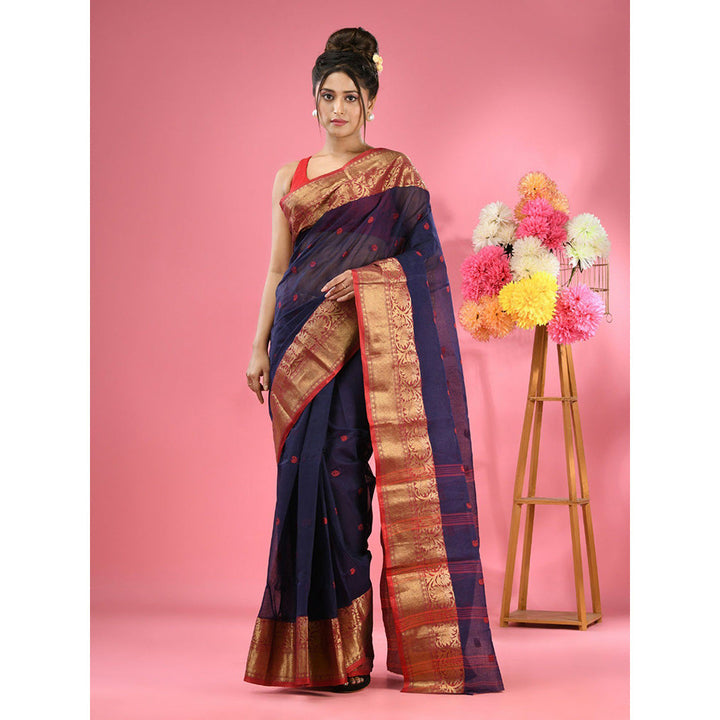 CHARUKRITI Navy Blue Pure Cotton Tant Zari Border Saree without Blouse