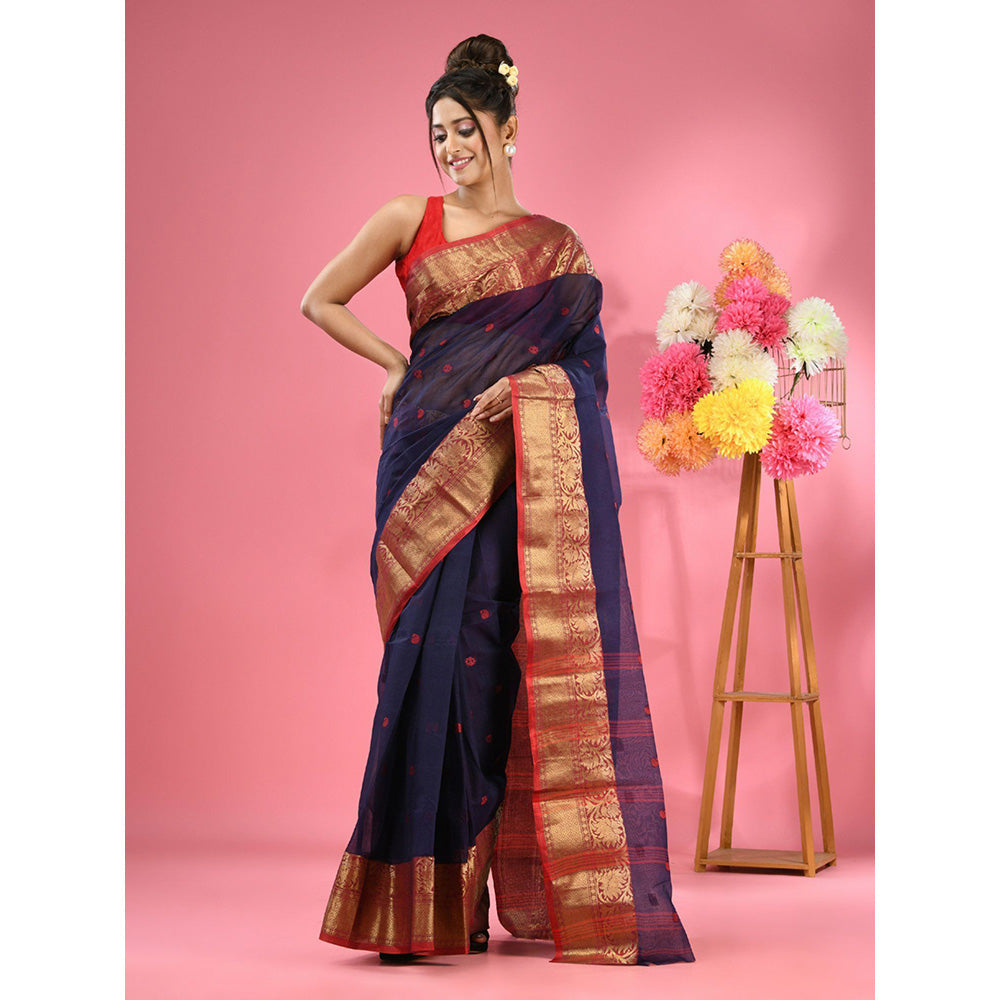 CHARUKRITI Navy Blue Pure Cotton Tant Zari Border Saree without Blouse