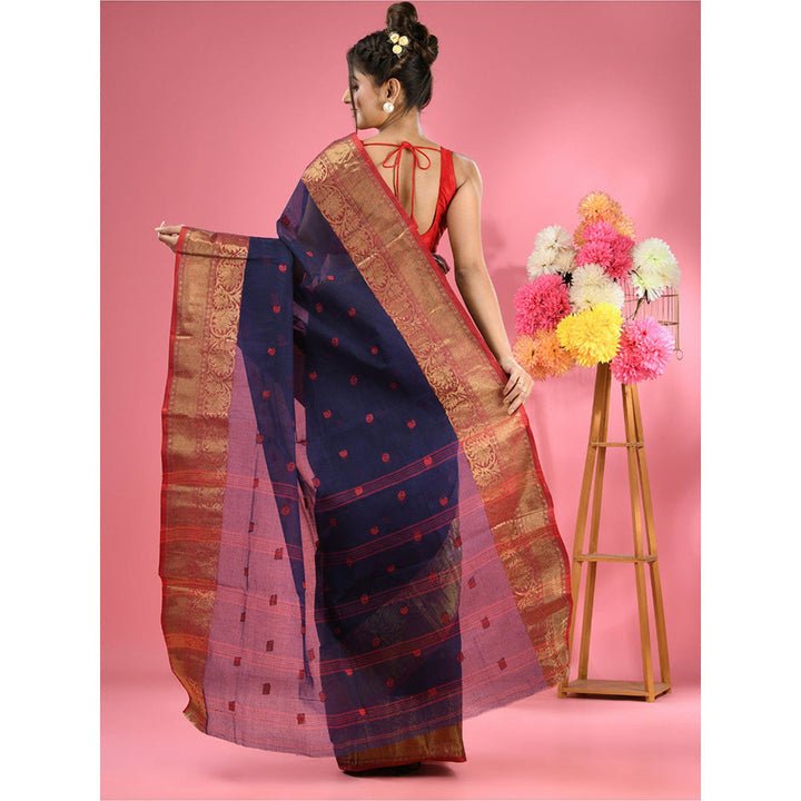 CHARUKRITI Navy Blue Pure Cotton Tant Zari Border Saree without Blouse