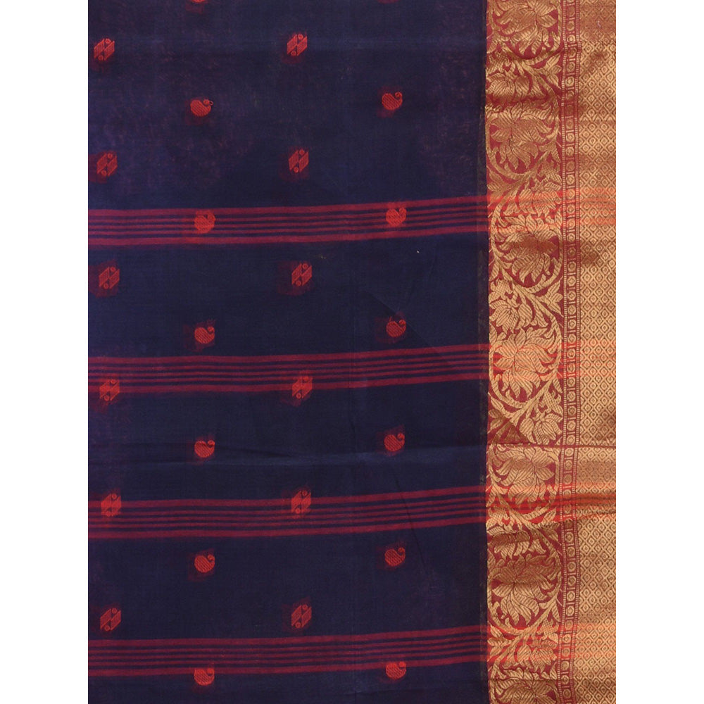 CHARUKRITI Navy Blue Pure Cotton Tant Zari Border Saree without Blouse