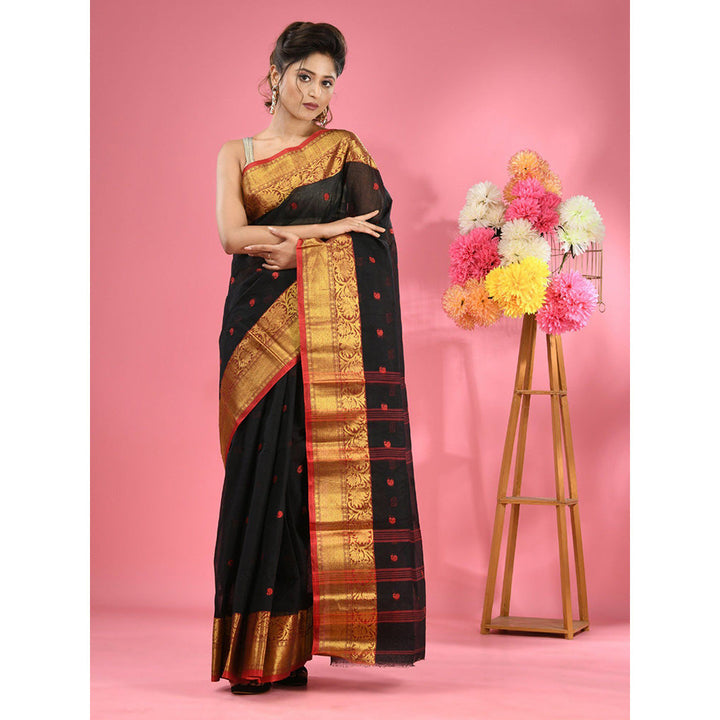 CHARUKRITI Black Pure Cotton Tant Zari Border Saree without Blouse