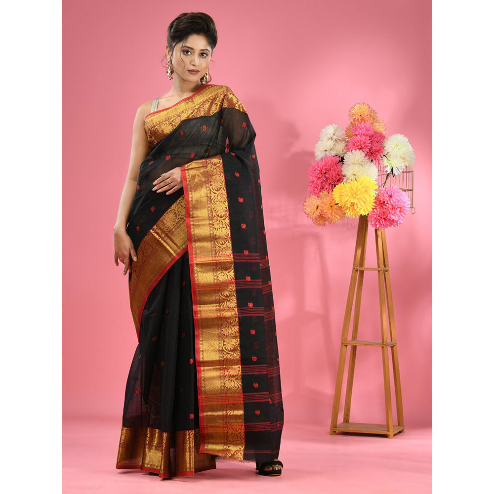 CHARUKRITI Black Pure Cotton Tant Zari Border Saree without Blouse