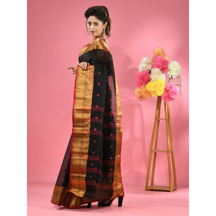 CHARUKRITI Black Pure Cotton Tant Zari Border Saree without Blouse