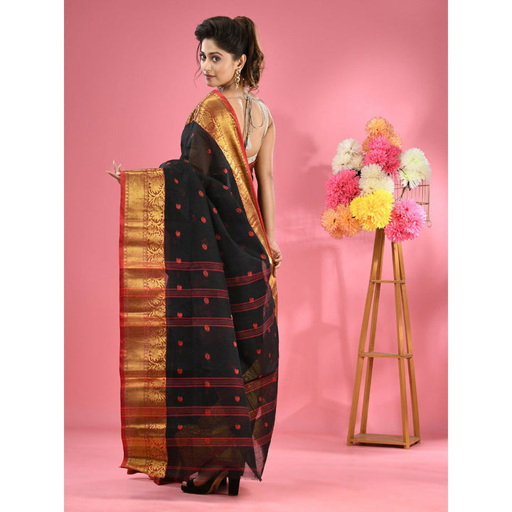 CHARUKRITI Black Pure Cotton Tant Zari Border Saree without Blouse