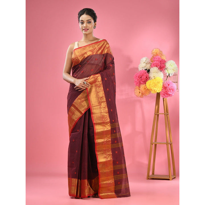 CHARUKRITI Dark Red Pure Cotton Tant Zari Border Saree without Blouse