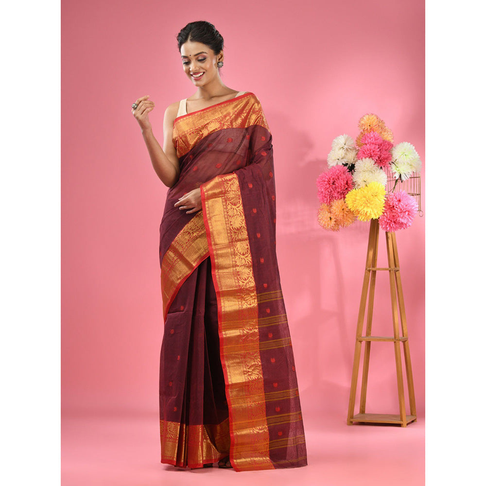 CHARUKRITI Dark Red Pure Cotton Tant Zari Border Saree without Blouse