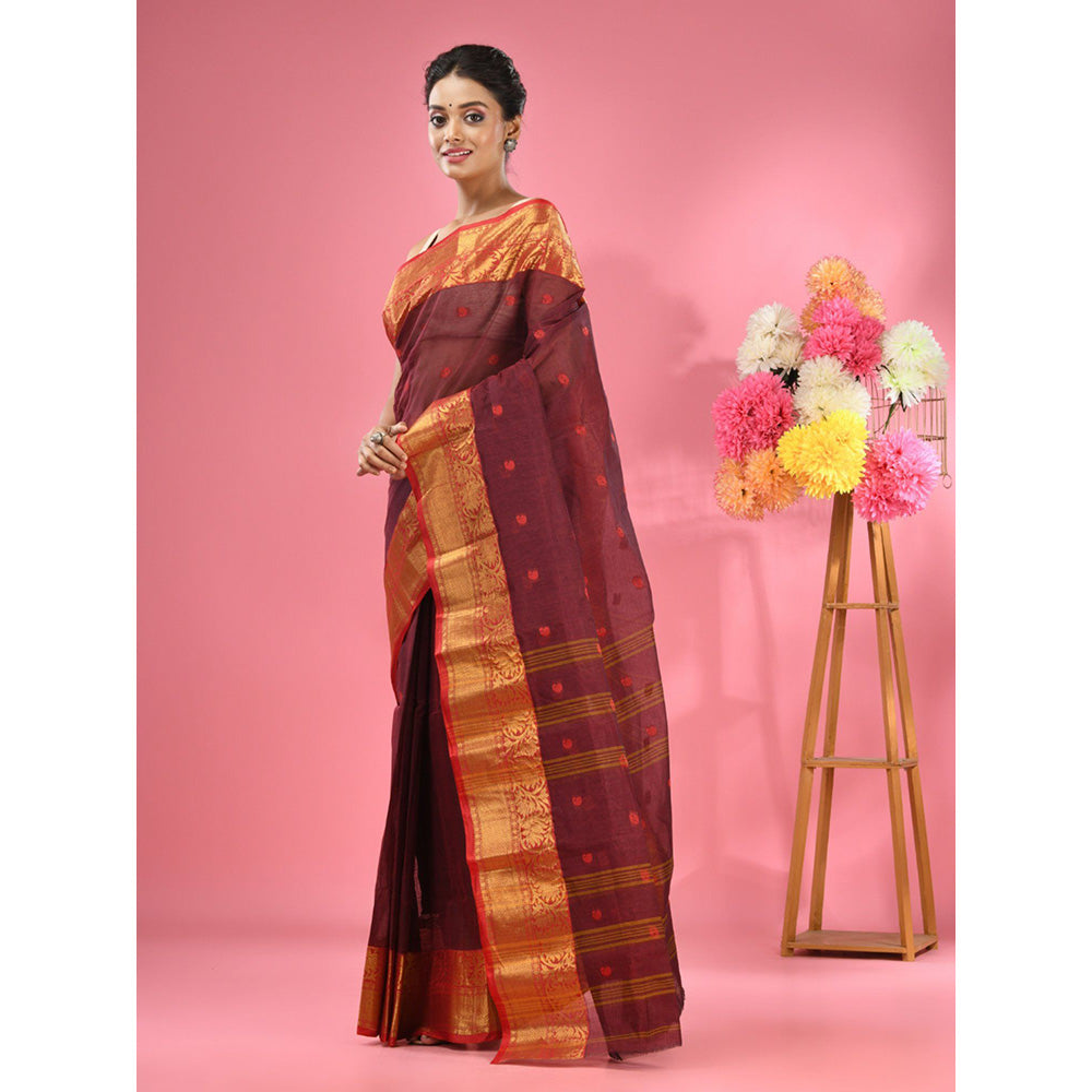 CHARUKRITI Dark Red Pure Cotton Tant Zari Border Saree without Blouse