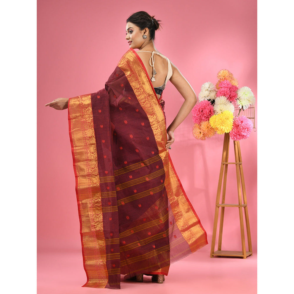 CHARUKRITI Dark Red Pure Cotton Tant Zari Border Saree without Blouse