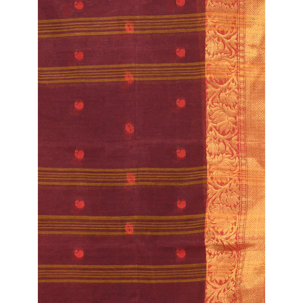 CHARUKRITI Dark Red Pure Cotton Tant Zari Border Saree without Blouse