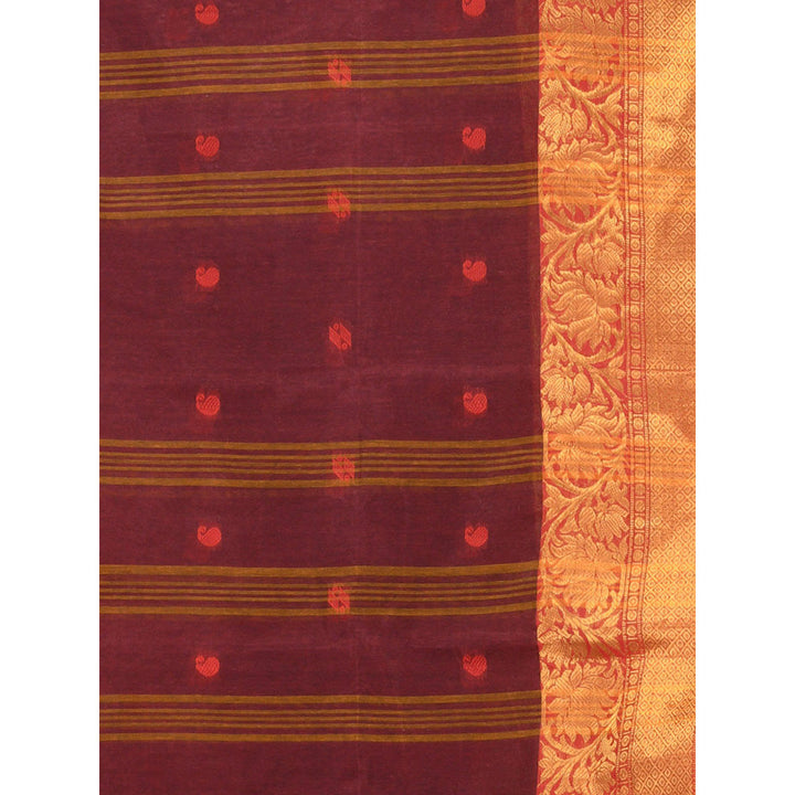 CHARUKRITI Dark Red Pure Cotton Tant Zari Border Saree without Blouse