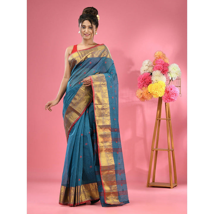 CHARUKRITI Olympic Blue Pure Cotton Tant Zari Border Saree without Blouse