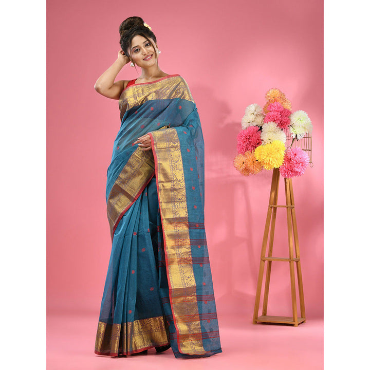 CHARUKRITI Olympic Blue Pure Cotton Tant Zari Border Saree without Blouse