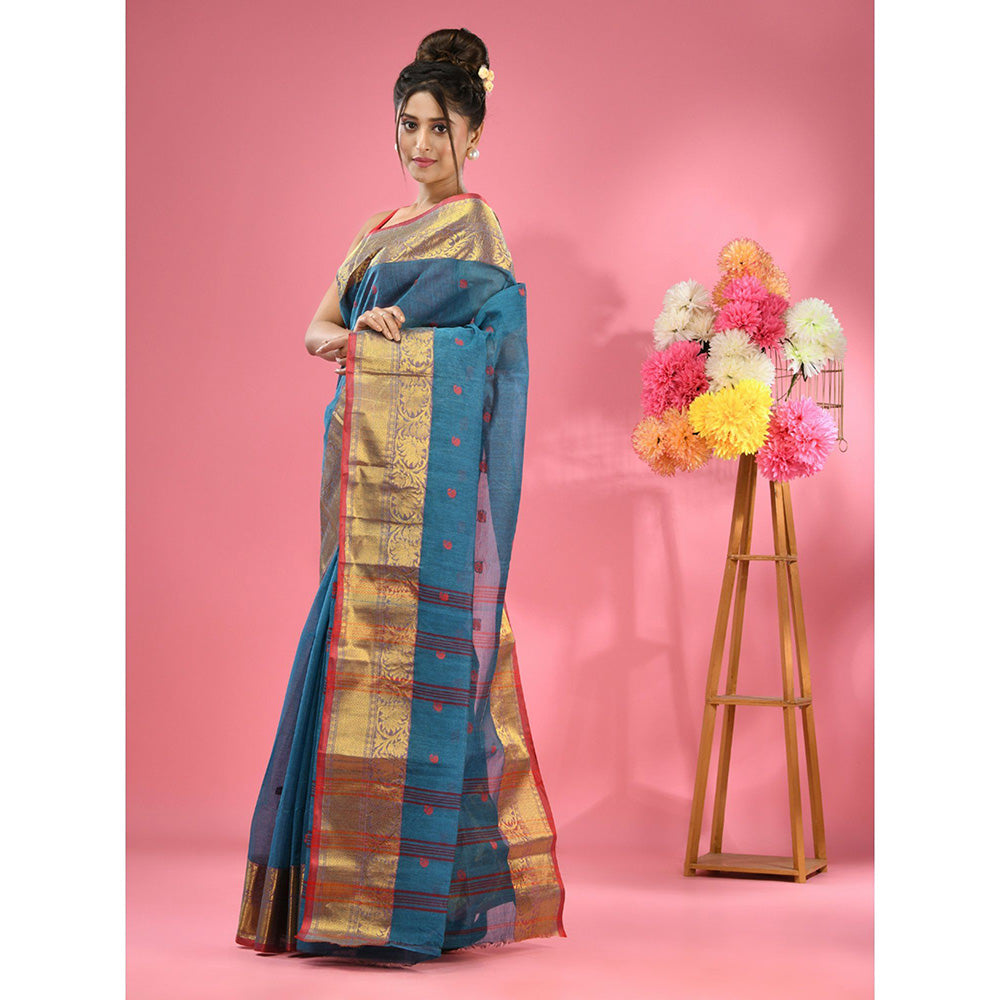 CHARUKRITI Olympic Blue Pure Cotton Tant Zari Border Saree without Blouse