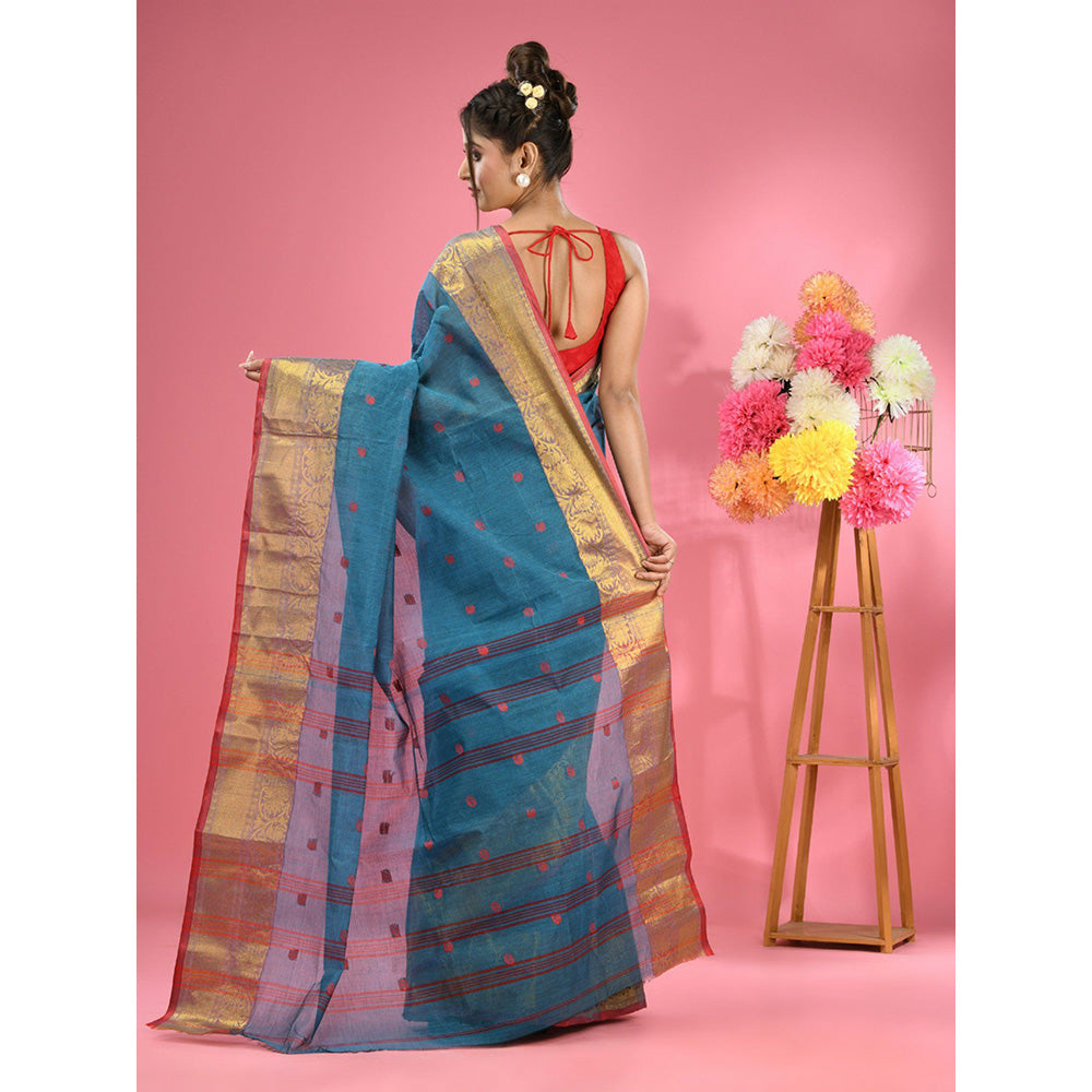 CHARUKRITI Olympic Blue Pure Cotton Tant Zari Border Saree without Blouse