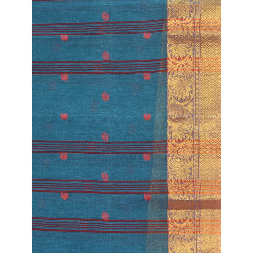 CHARUKRITI Olympic Blue Pure Cotton Tant Zari Border Saree without Blouse