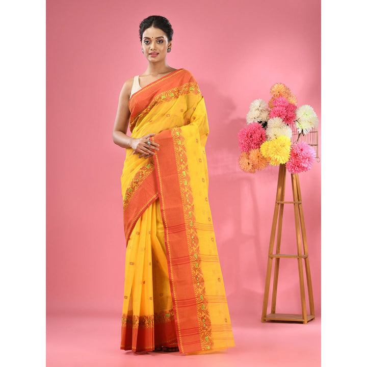 CHARUKRITI Bright Yellow Pure Cotton Tant Woven Design Saree without Blouse