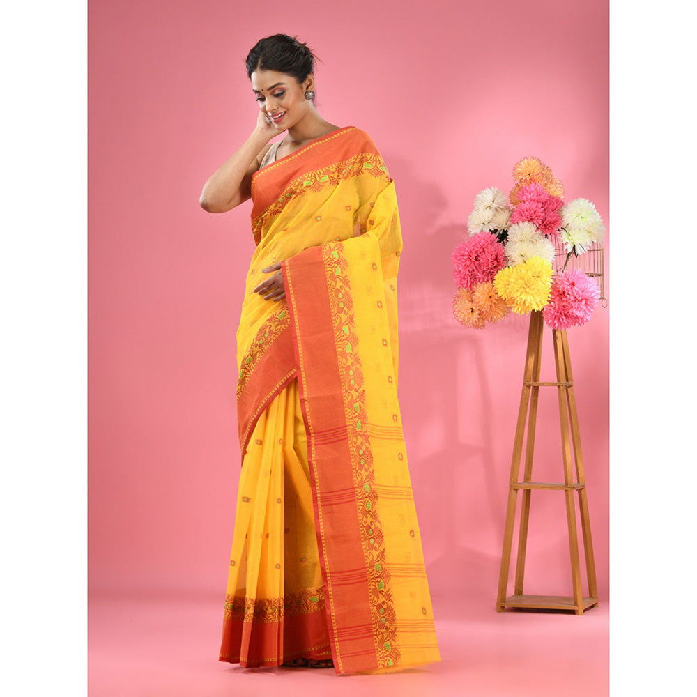 CHARUKRITI Bright Yellow Pure Cotton Tant Woven Design Saree without Blouse