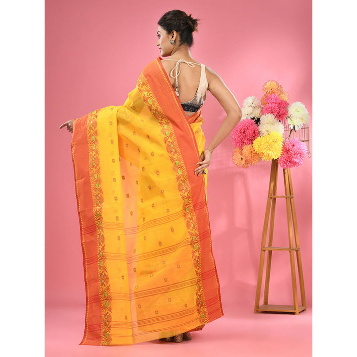 CHARUKRITI Bright Yellow Pure Cotton Tant Woven Design Saree without Blouse