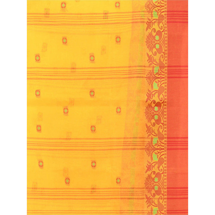 CHARUKRITI Bright Yellow Pure Cotton Tant Woven Design Saree without Blouse