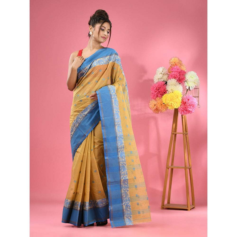 CHARUKRITI Light Yellow Pure Cotton Tant Woven Design Saree without Blouse