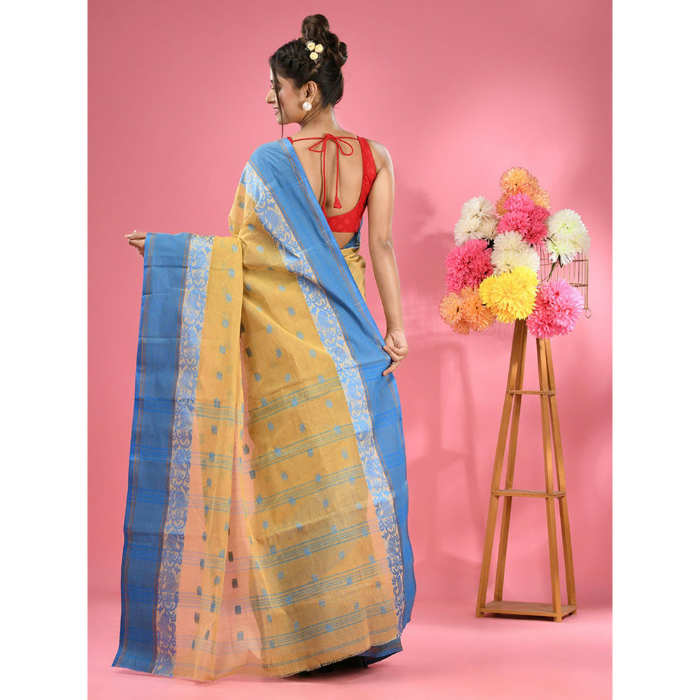 CHARUKRITI Light Yellow Pure Cotton Tant Woven Design Saree without Blouse