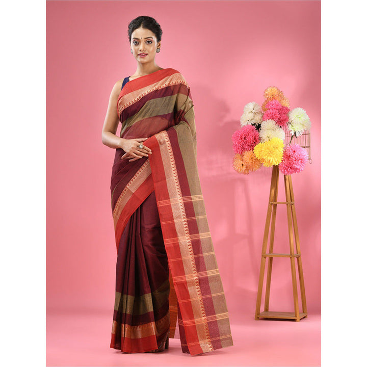 CHARUKRITI Maroon Pure Cotton Tant Temple Border without Blouse