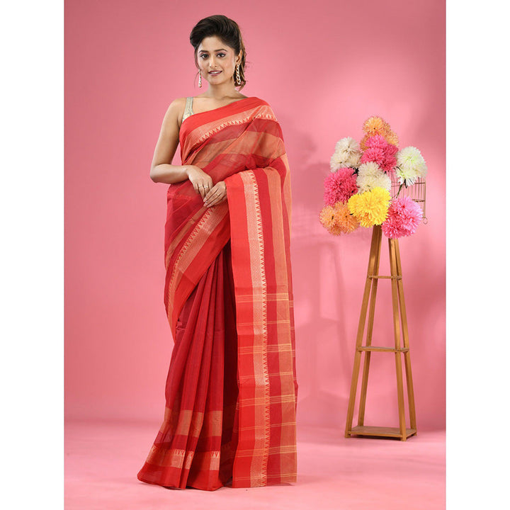 CHARUKRITI Red Pure Cotton Tant Temple Border without Blouse