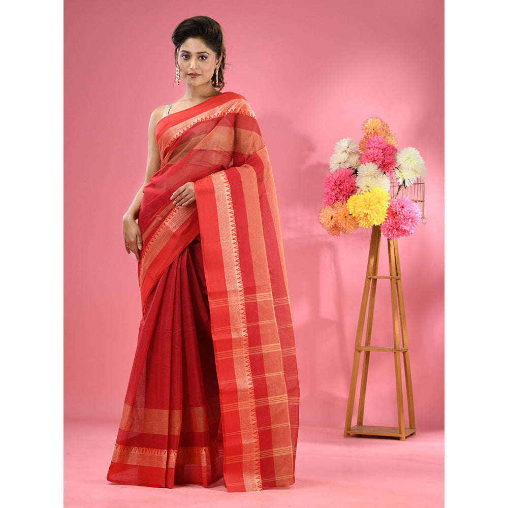 CHARUKRITI Red Pure Cotton Tant Temple Border without Blouse