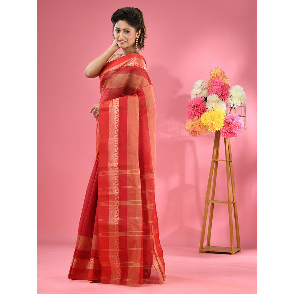 CHARUKRITI Red Pure Cotton Tant Temple Border without Blouse