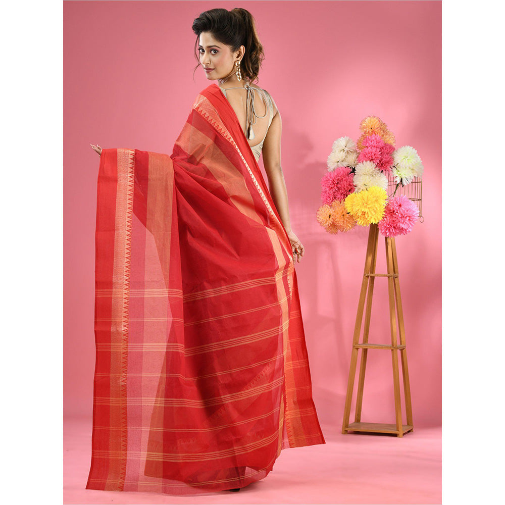 CHARUKRITI Red Pure Cotton Tant Temple Border without Blouse