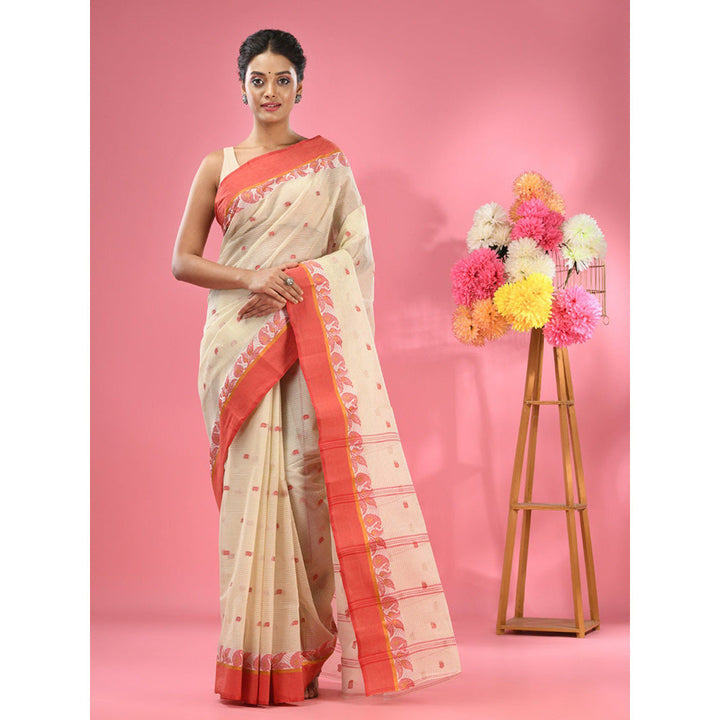 CHARUKRITI Off White Pure Cotton Tant Woven Design Saree without Blouse