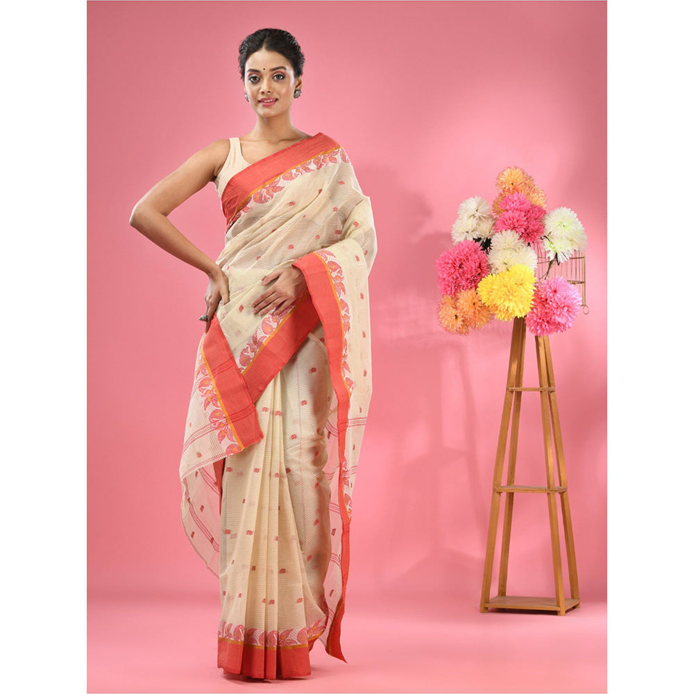 CHARUKRITI Off White Pure Cotton Tant Woven Design Saree without Blouse