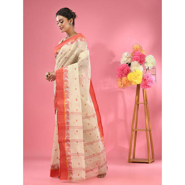 CHARUKRITI Off White Pure Cotton Tant Woven Design Saree without Blouse