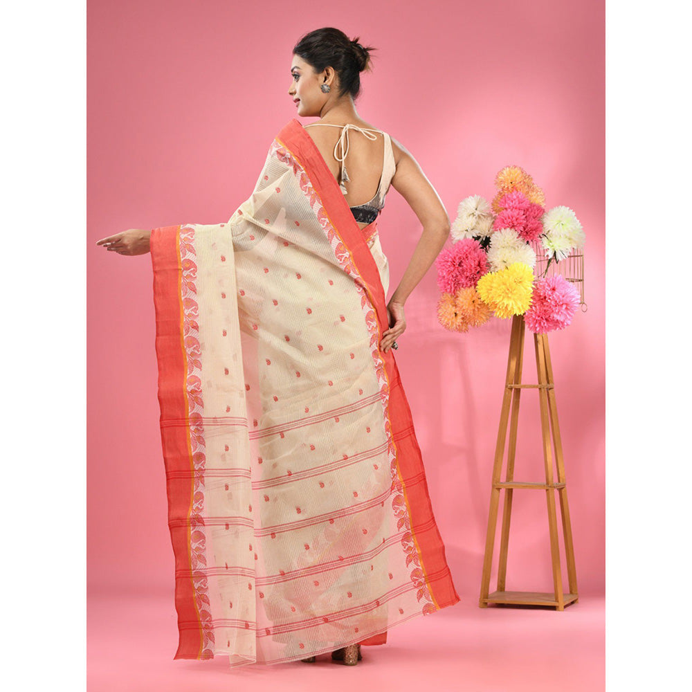 CHARUKRITI Off White Pure Cotton Tant Woven Design Saree without Blouse