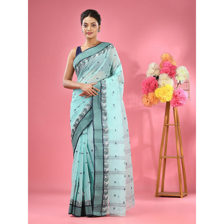 CHARUKRITI Ocean Turquoise Pure Cotton Tant Woven Design Saree without Blouse