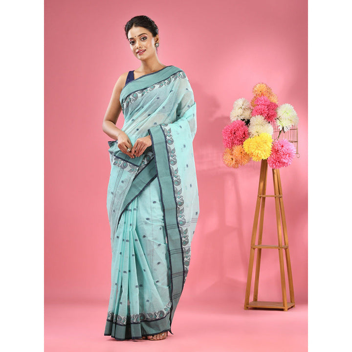 CHARUKRITI Ocean Turquoise Pure Cotton Tant Woven Design Saree without Blouse