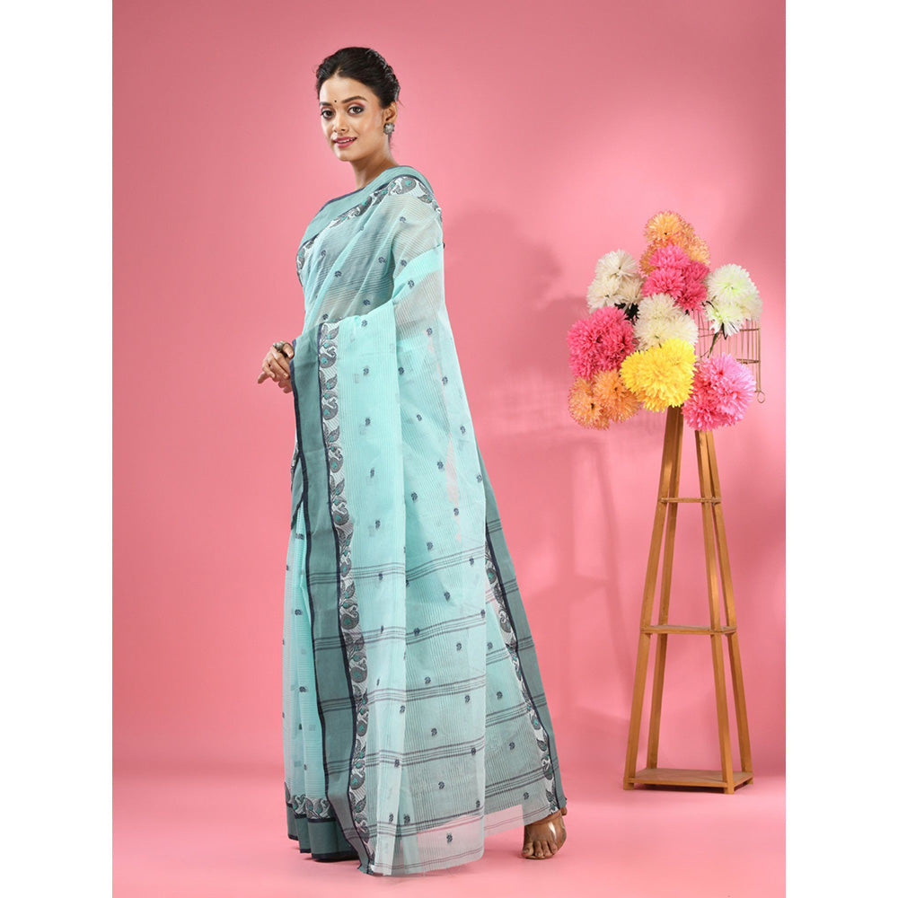 CHARUKRITI Ocean Turquoise Pure Cotton Tant Woven Design Saree without Blouse