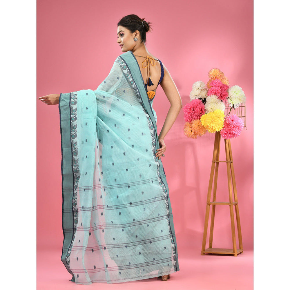 CHARUKRITI Ocean Turquoise Pure Cotton Tant Woven Design Saree without Blouse