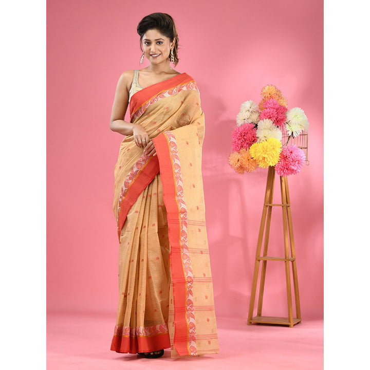 CHARUKRITI Beige Pure Cotton Tant Woven Design Saree without Blouse