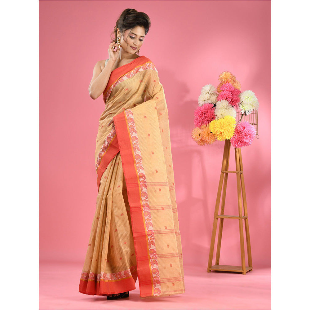 CHARUKRITI Beige Pure Cotton Tant Woven Design Saree without Blouse