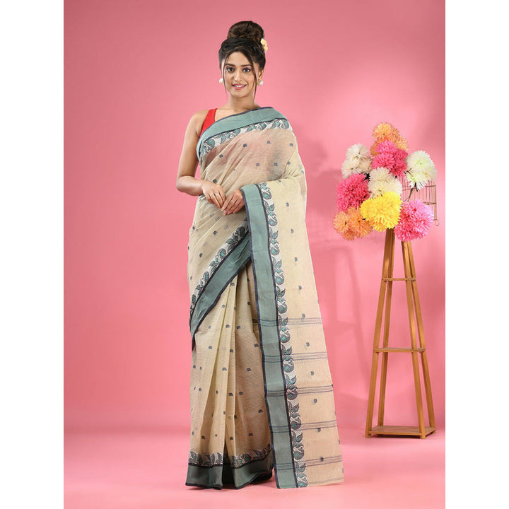 CHARUKRITI Ecru Pure Cotton Tant Woven Design Saree without Blouse