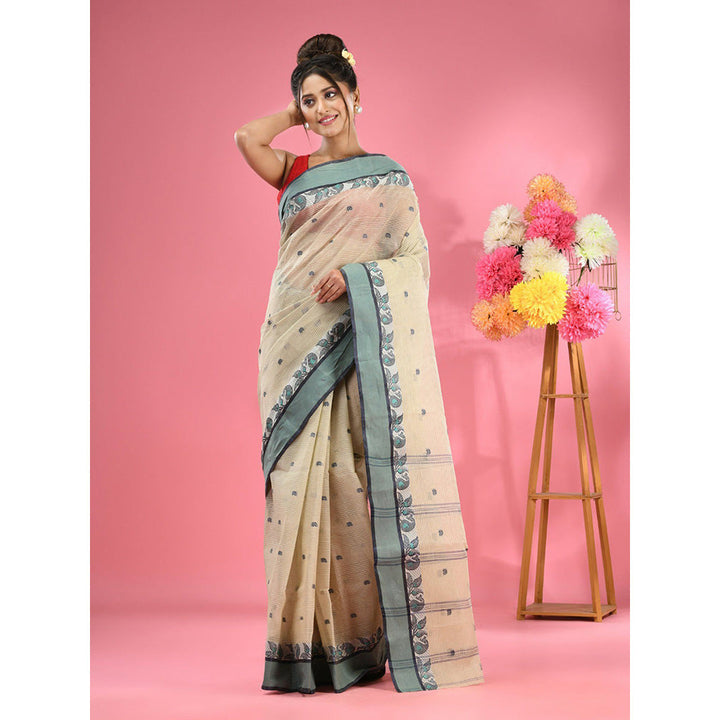 CHARUKRITI Ecru Pure Cotton Tant Woven Design Saree without Blouse