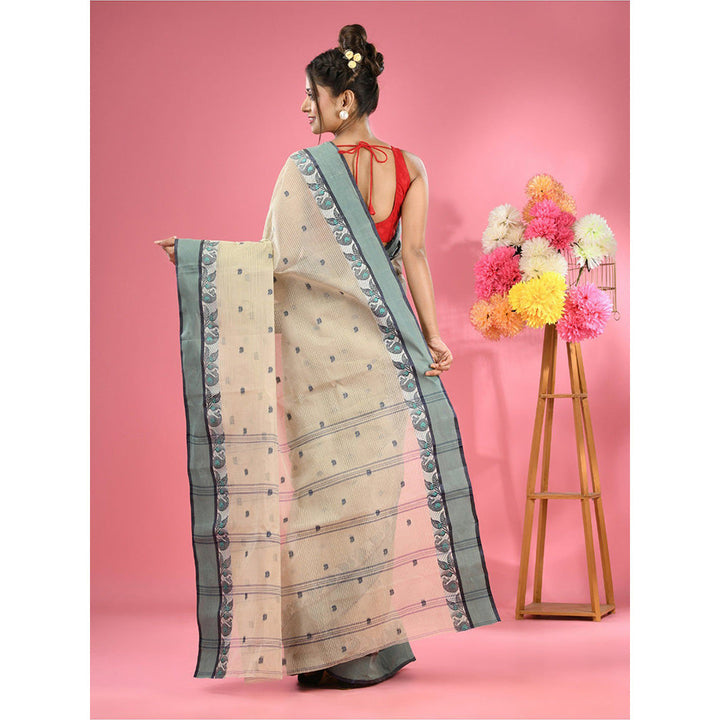 CHARUKRITI Ecru Pure Cotton Tant Woven Design Saree without Blouse