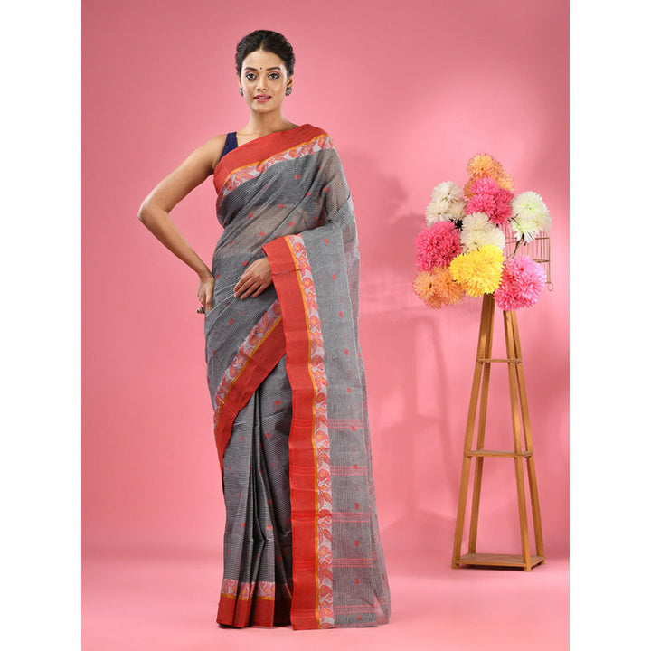 CHARUKRITI Grey Pure Cotton Tant Woven Design Saree without Blouse