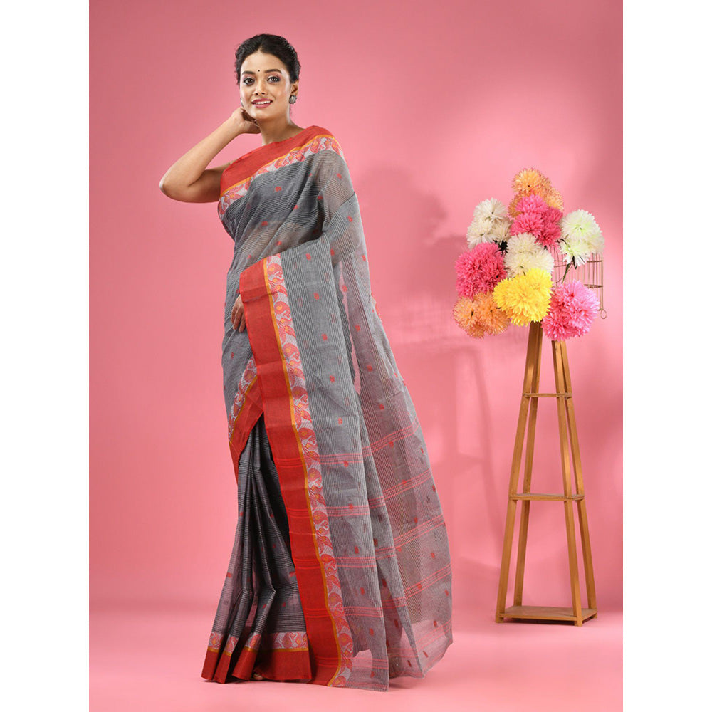 CHARUKRITI Grey Pure Cotton Tant Woven Design Saree without Blouse